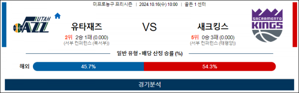 10월 16일 1000 NBA 프리시즌 유타 새크라멘토 미국프로농구분석 스포츠분석