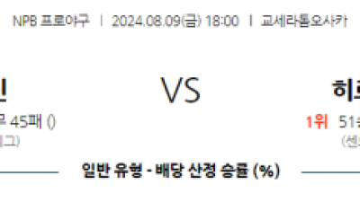 8월 9일 18:00 NPB 한신 히로시마 한일야구분석 스포츠분석