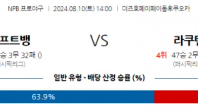 8월 10일 14:00 NPB 소프트뱅크 라쿠텐 한일야구분석  스포츠분석