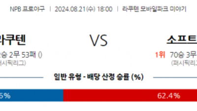 8월 21일 18:00 NPB 라쿠텐 소프트뱅크 한일야구분석 스포츠분석