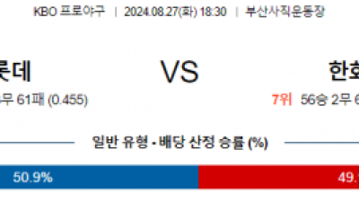 8월 27일 18:30 KBO 롯데 한화 한일야구분석 스포츠분석