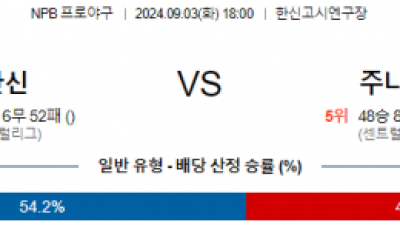 9월 3일 18:00 NPB 한신 주니치 한일야구분석 스포츠분석