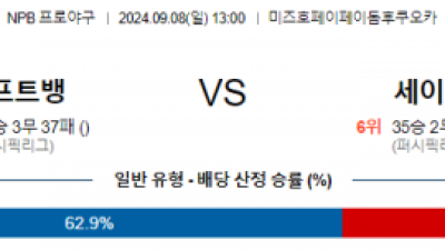 9월 8일 13:00  NPB 소프트뱅크 세이부 한일야구분석 스포츠분석