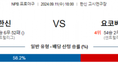 9월 11일 18:00 NPB 한신 요코하마 한일야구분석 스포츠분석