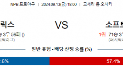 9월 13일 18:00 NPB 오릭스 소프트뱅크 한일야구분석 스포츠분석