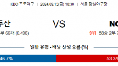 9월 13일 18:30 KBO 두산 NC 한일야구분석 스포츠분석