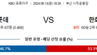 9월 13일 18:30 KBO 롯데 한화 한일야구분석  스포츠분석