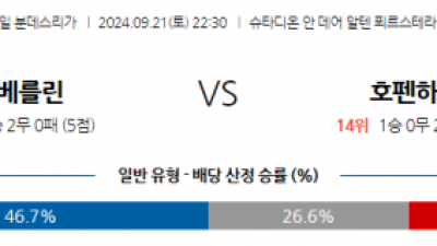 9월21일 분데스리가 우니온베를린 TSG 1899 호펜하임 해외축구분석 스포츠분석