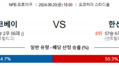 9월 20일 18:00 NPB 요코하마 한신 한일야구분석 스포츠분석