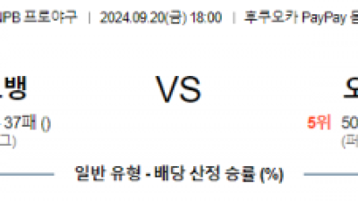 9월 20일 18:00 NPB 소프트뱅크 오릭스 한일야구분석 스포츠분석