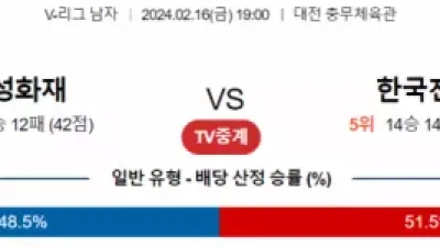 2월 16일 19:00 V-리그 남자 삼성화재 vs 한국전력 국내배구분석