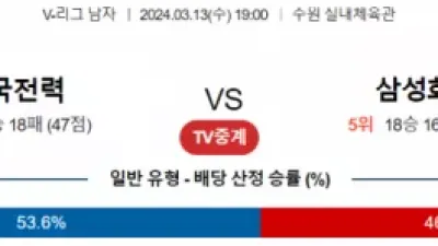 3월13일 19:00 V-리그 남자 한국전력 vs 삼성화재 국내배구분석