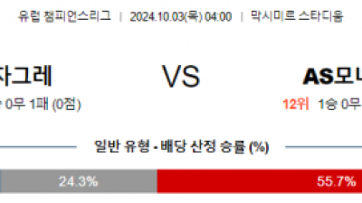 10월03일 UEFA 챔피언스리그 디나모 자그레브/모나코 해외축구분석 스포츠분석