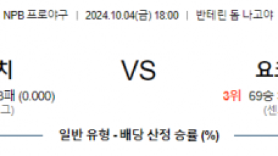 10월 4일 18:00 NPB 주니치 요코하마 한일야구분석 스포츠분석