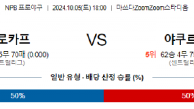 10월 5일 18:00 NPB 히로시마 야쿠르트 한일야구분석 스포츠분석