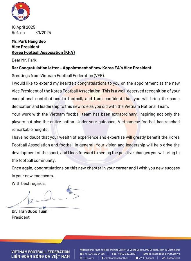 베트남축구협회, 박항서 감독 'KFA 부회장 선임'에 축하 메시지