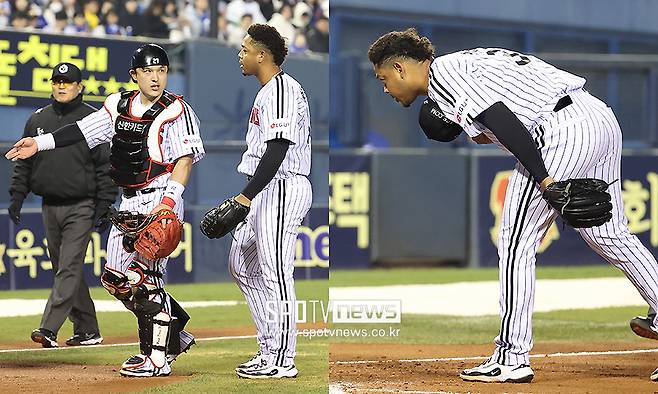 팔꿈치 사구 후 놀란 에르난데스, 포수 박동원 권유에 진심 어린 사과