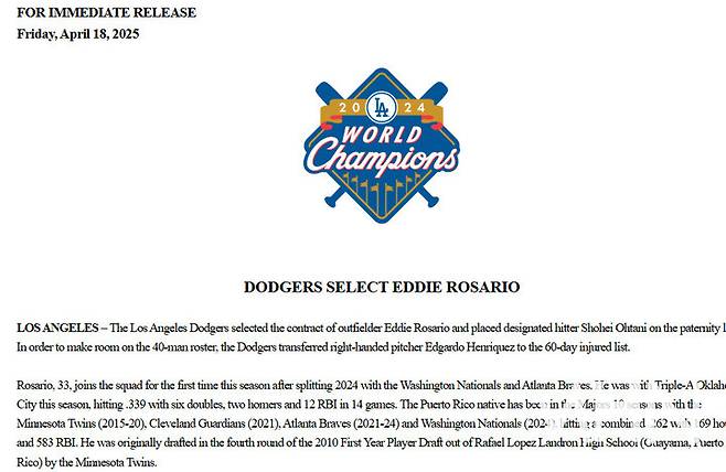 김혜성 무시한 다저스, 베테랑 외야수 로사리오 콜업…오타니 빈 자리 메운다