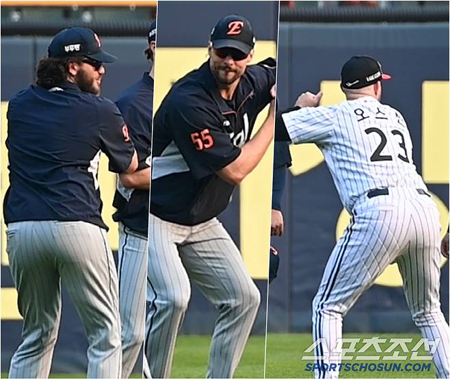 오스틴 만난 류폰와, 엉덩이 흔들며 타격폼 재연...누굴 따라하길래? [잠실 현장]