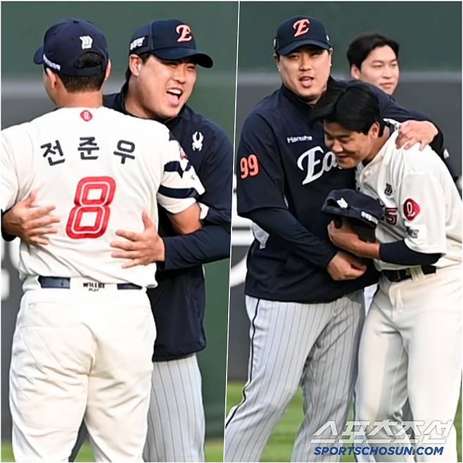 웃음 되찾은 괴물, 전준우와 포옹→손호영에 애정 가득 어퍼컷... 롯데와 반가운 만남 포착[부산 현장]