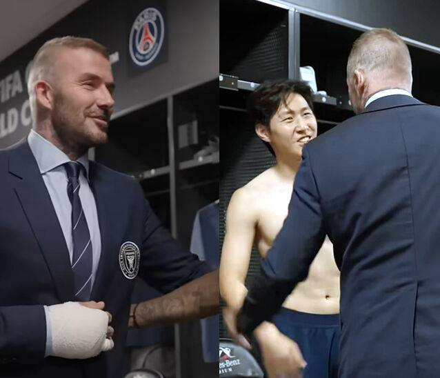 '이강인 어디갔어'…깁스하고 PSG 라커룸 찾은 베컴, 반갑게 포옹