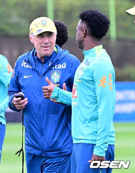 빗속에서 '한국전' 준비하는 '안첼로티호'...쿠냐 위협적인 슈팅-호드리구 크로스 '눈길' [오!쎈 고양]