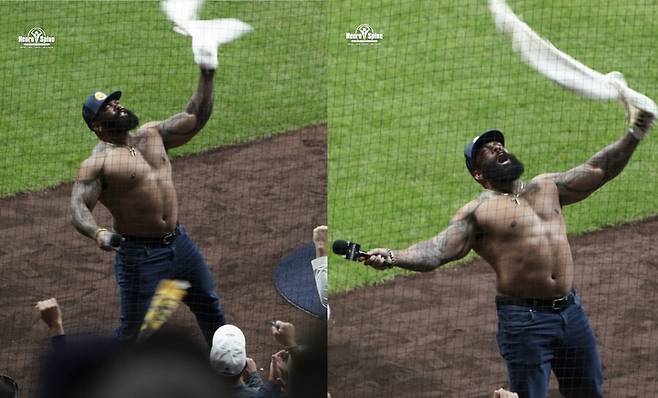 테임즈 이정도면 신들렸다…'꿈 이뤄준' 은인위해 상의까지 벗어던기고 '광란의 응원쇼'