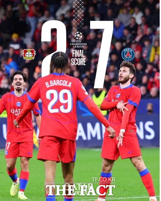 '무려 7골' PSG, 레버쿠젠 원정 UCL '대승'...이강인, 27분 '참전'