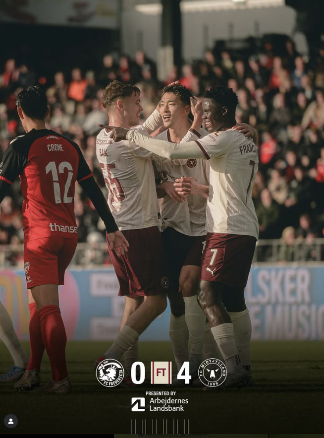 부상 복귀 후 첫 ‘풀타임’, 여기에 시즌 4호골까지 ‘펄펄’···조규성 맹활약한 미트윌란, 프레데리시아에 4-0 대승