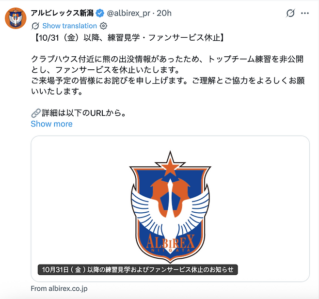 곰 습격받아 사망 ‘충격’…훈련장 전격 폐쇄→日 축구 비상사태