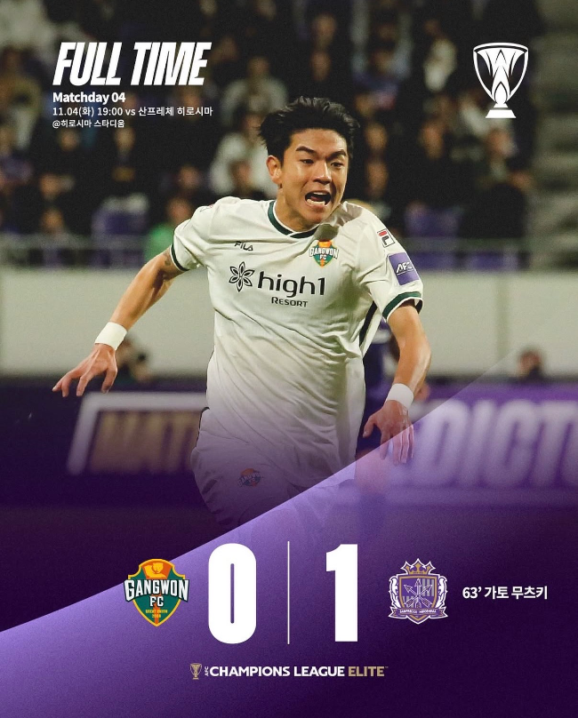 치명적인 백패스 미스, 10명 뛴 ‘J리그 철벽’ 못 뚫었다…강원, ‘정민기 선발’ 히로시마 원정서 0-1 패