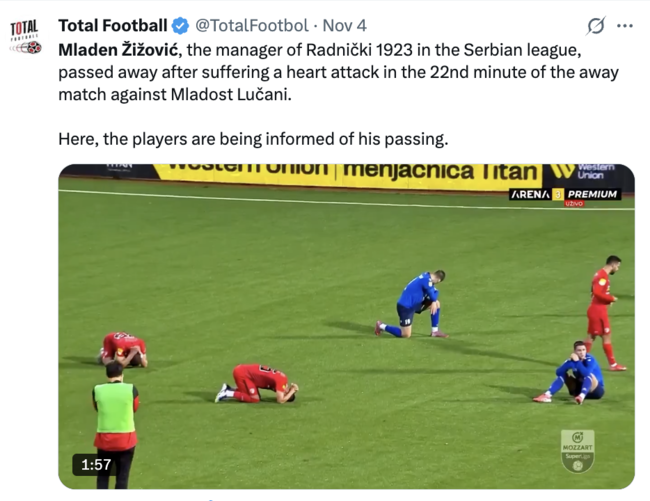 감독 '심장마비 사망' 소식에 양 팀 무릎 꿇고 '오열'... 눈물바다 된 그라운드+경기 취소