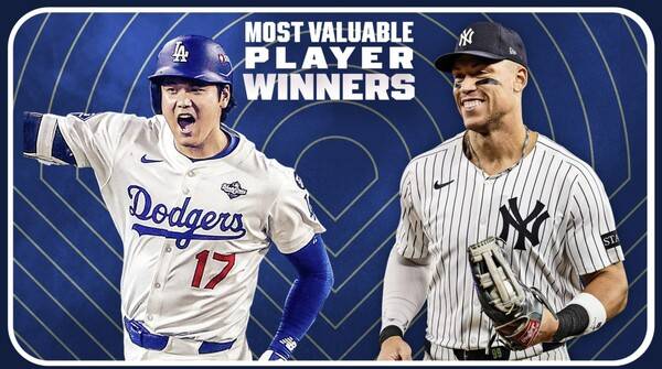 '4번째 만장일치' NL 오타니-'60홈런 랄리 제친' AL 저지... 2025 MLB MVP 수상
