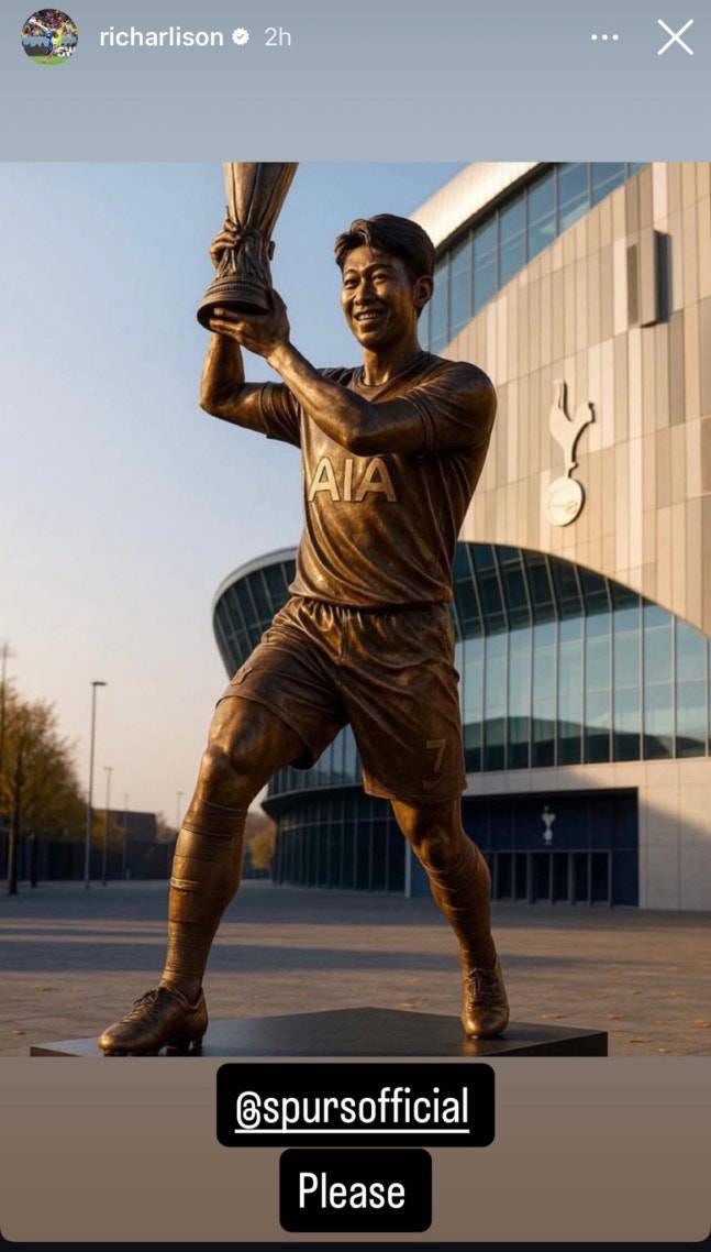 英 단독 떴다, 토트넘 손흥민 동상 세워…‘오피셜’ 공식채널 읍소했던 ‘절친’ 히샬리송→겨울 1월 이적시장 ‘방출 엔딩’