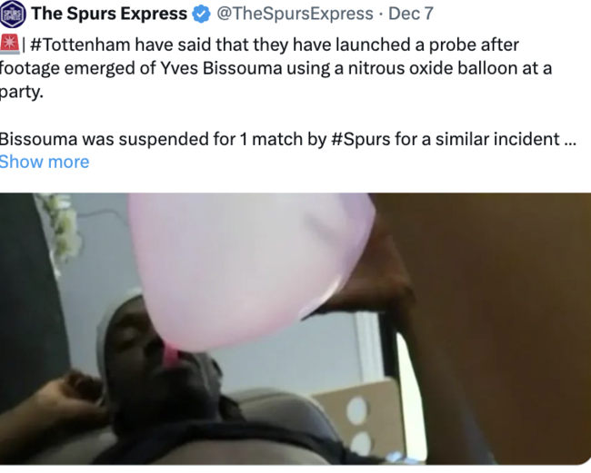 손흥민 복귀 축제 분위기 토트넘에 찬물...비수마, 또 웃음 가스 흡입 영상으로 논란