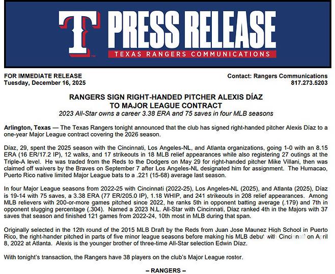 다저스에서 짤린 디아즈, 텍사스와 메이저 계약…형 에드윈에 이어 새 둥지 찾았다