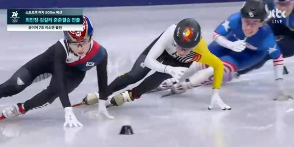 아뿔싸, 탈락할 뻔… 두 손 짚은 최민정, 절체절명 위기 넘겼다[밀라노 스틸컷]