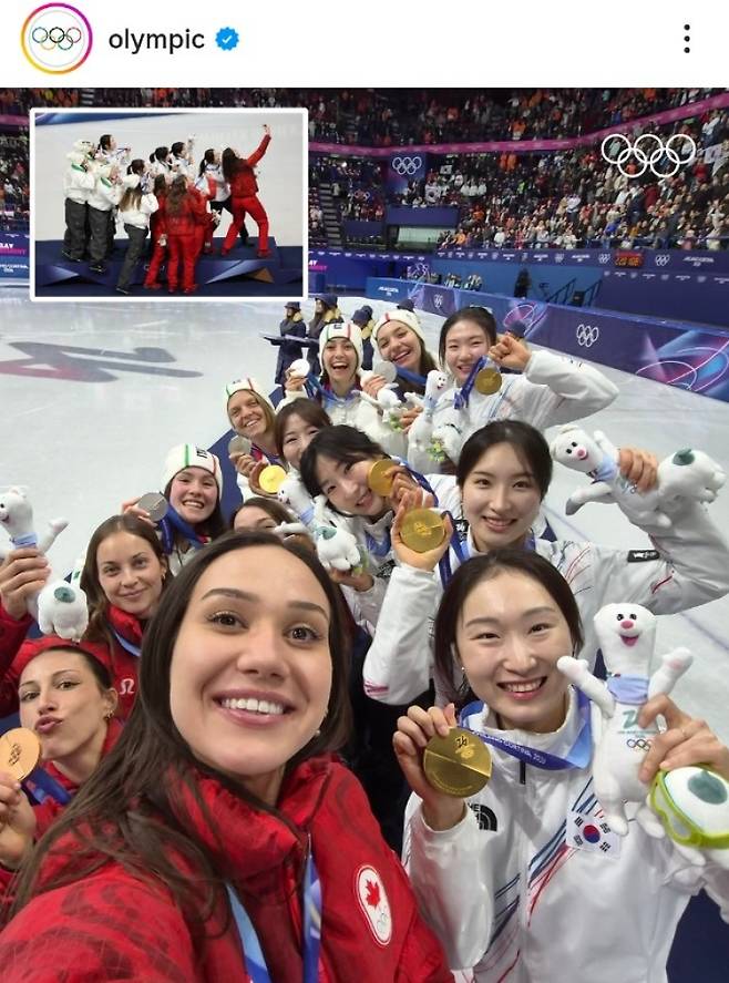 금메달 목에 건 뒤 빅토리 셀피…한국 여자 쇼트트랙 '금빛 미소' [2026 밀라노]