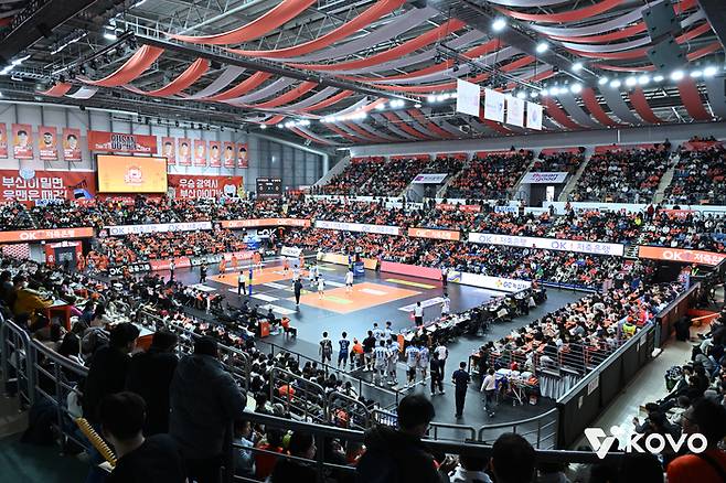 ‘봄 배구’ 실패했지만…주말 홈경기 모두 ‘매진’에 평균 관중 3334명, 부산 ‘연고 이전’ 첫해 OK저축은행이 남긴 것