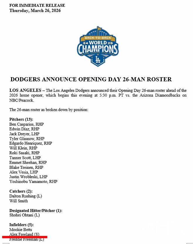 다저스, 김혜성 '확인사살'…개막전 명단 발표, 경쟁자 프리랜드 이름만 '선명'