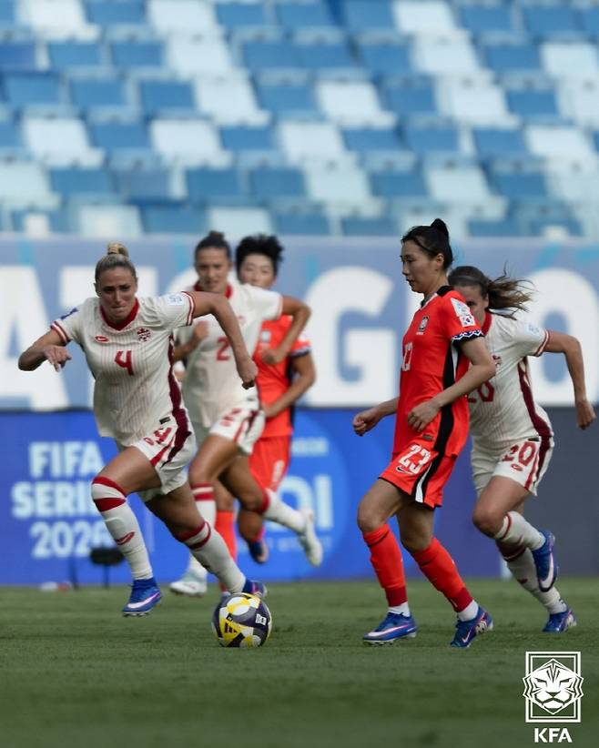 '안타깝다' 韓 여자 축구, '10명 싸운' 캐나다에 1-3 패…FIFA 시리즈 2연패