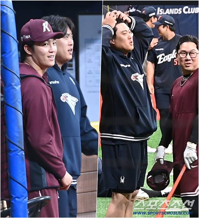 '괴물'뜨자 버선발로 달려온 안우진, 미소로 맞이한 안치홍…류현진 선발 등판 앞두고 '훈훈'[고척 현장]