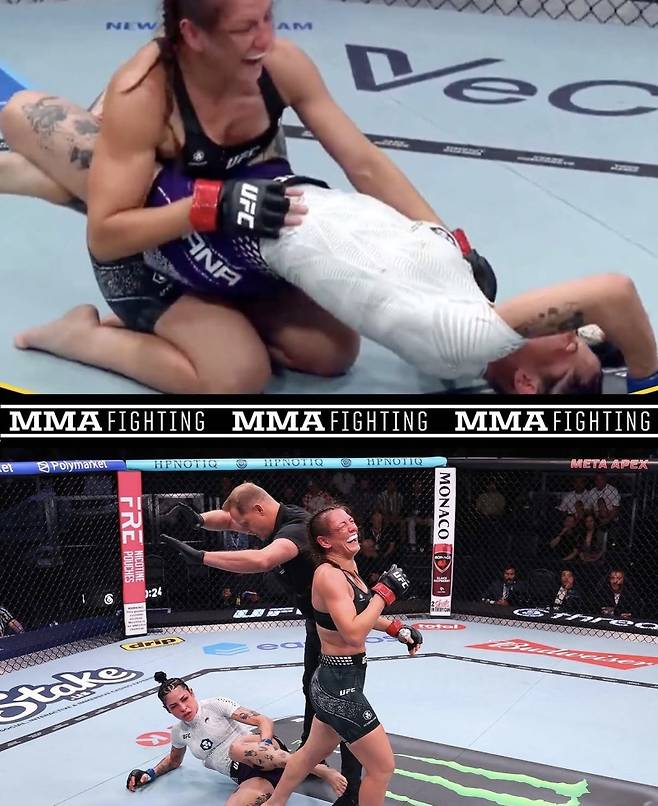 “때리던 선수가 항복했다” UFC서 나온 초희귀 기술…최초 역사 쓴 女 파이터 아델리안