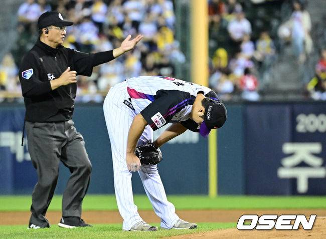 '또 부상 악재' 공 2개 던지고 마운드 주저앉다...백승현 어깨 통증, LG 불펜 또 사라지나