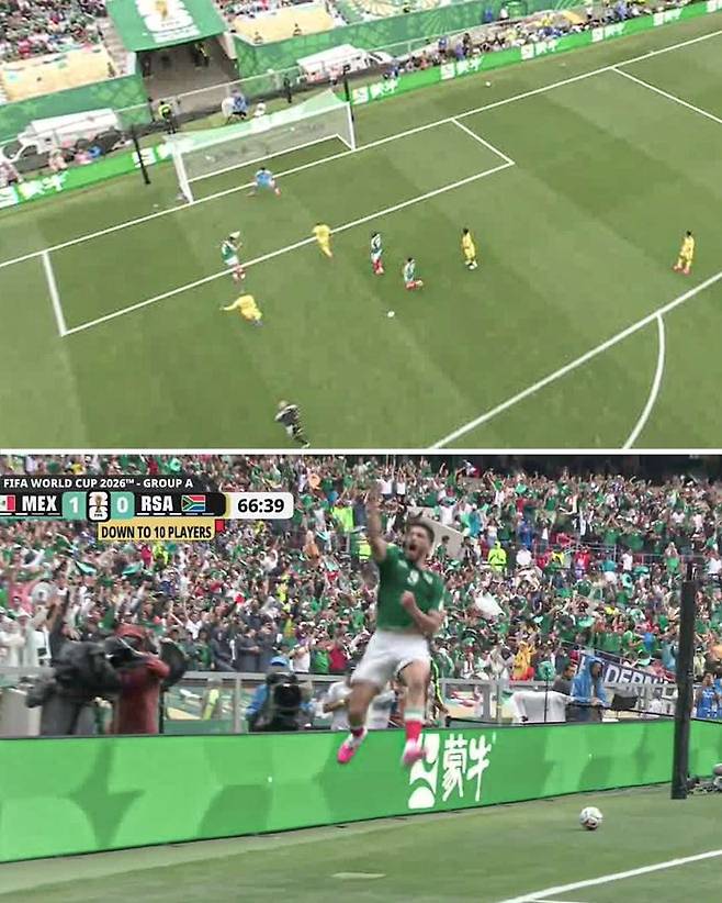 ‘개막전 퇴장 3명’ 멕시코, 남아공에 2-0 승···승점 3점 확보+한국 있는 ‘A조 1위’ 등극[월드컵·리뷰]