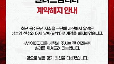 [공식발표] '음주 운전 사실 자진 통보' 부산, 성호영과 계약 해지 결정