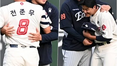 웃음 되찾은 괴물, 전준우와 포옹→손호영에 애정 가득 어퍼컷... 롯데와 반가운 만남 포착[부산 현장]