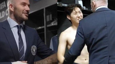 '이강인 어디갔어'…깁스하고 PSG 라커룸 찾은 베컴, 반갑게 포옹