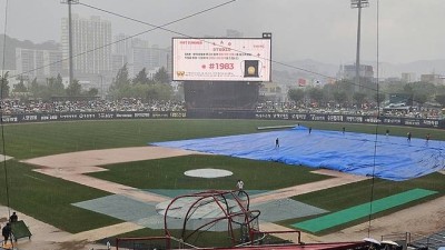 ‘약 8분 만에’ 폭우에 잠긴 그라운드, 한화-KIA전 오후 6시 정상 개최 가능할까 [SS광주in]