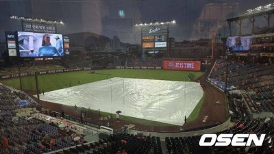 '큰일이다. 비 굵어졌다' 결국 대형방수포 덮었다...PO 1차전 우천 취소될까
